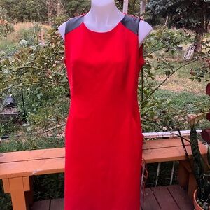 Liz Claiborne red sheeth with back gold zipper and mock leather L 80s retro